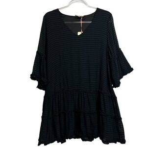 Entro NWT Black Textured Stripe Tiered Ruffle Bell Sleeve Babydoll Dress S